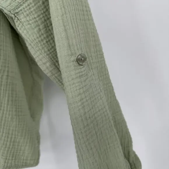 Be Cool Womens M/L Sage Green Gauze Cotton Button Front Roll Tab Oversized Top - Picture 8 of 12
